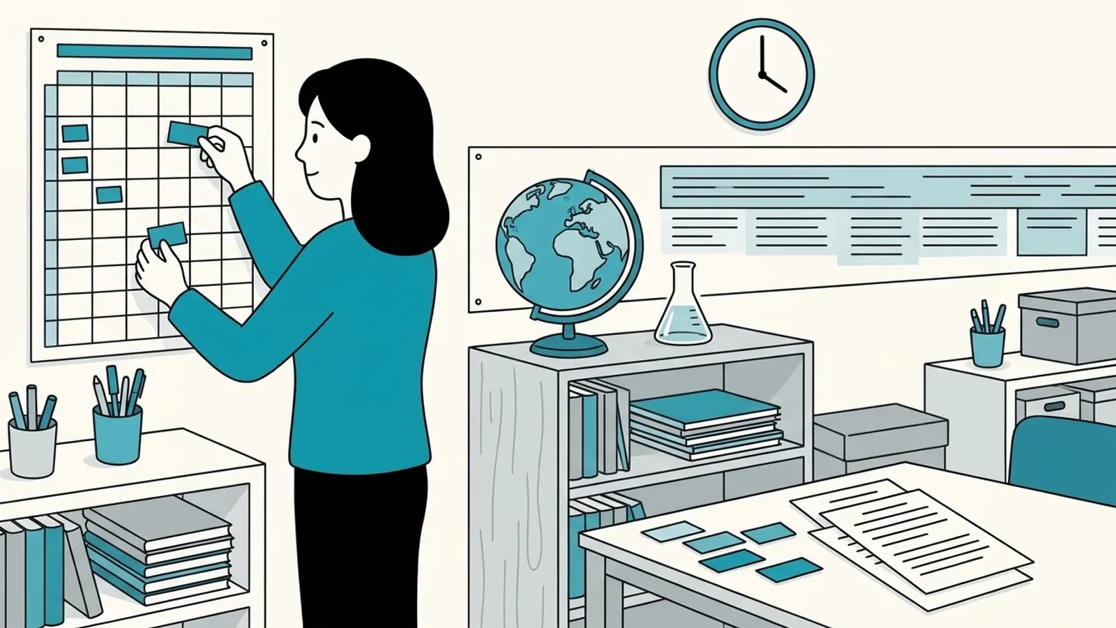 Une enseignante place des étiquettes sur une grille d'emploi du temps, près d'un globe et d'un bécher posés sur une étagère