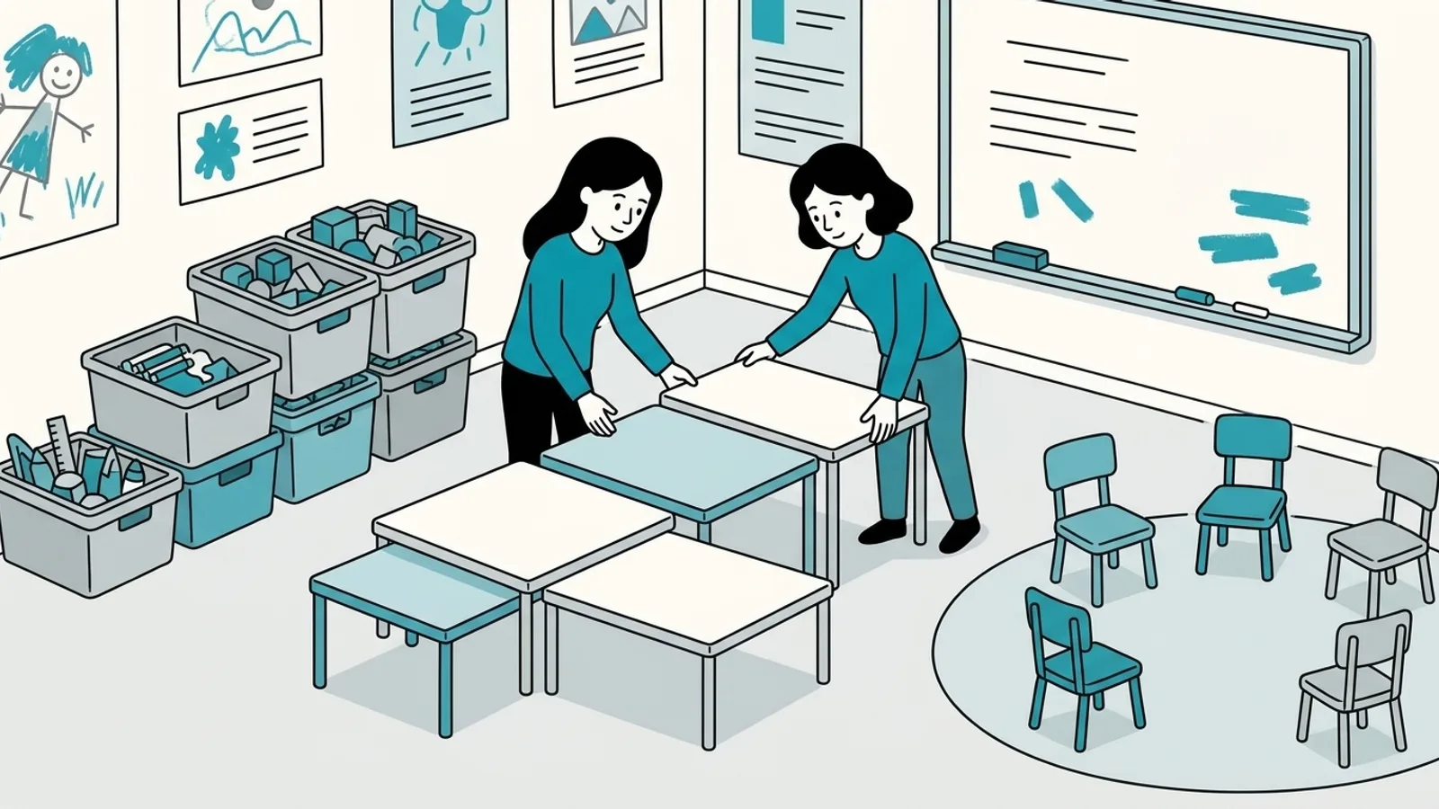 Deux adultes installent les tables d'ateliers d'une classe de maternelle, près des bacs de matériel et du coin regroupement